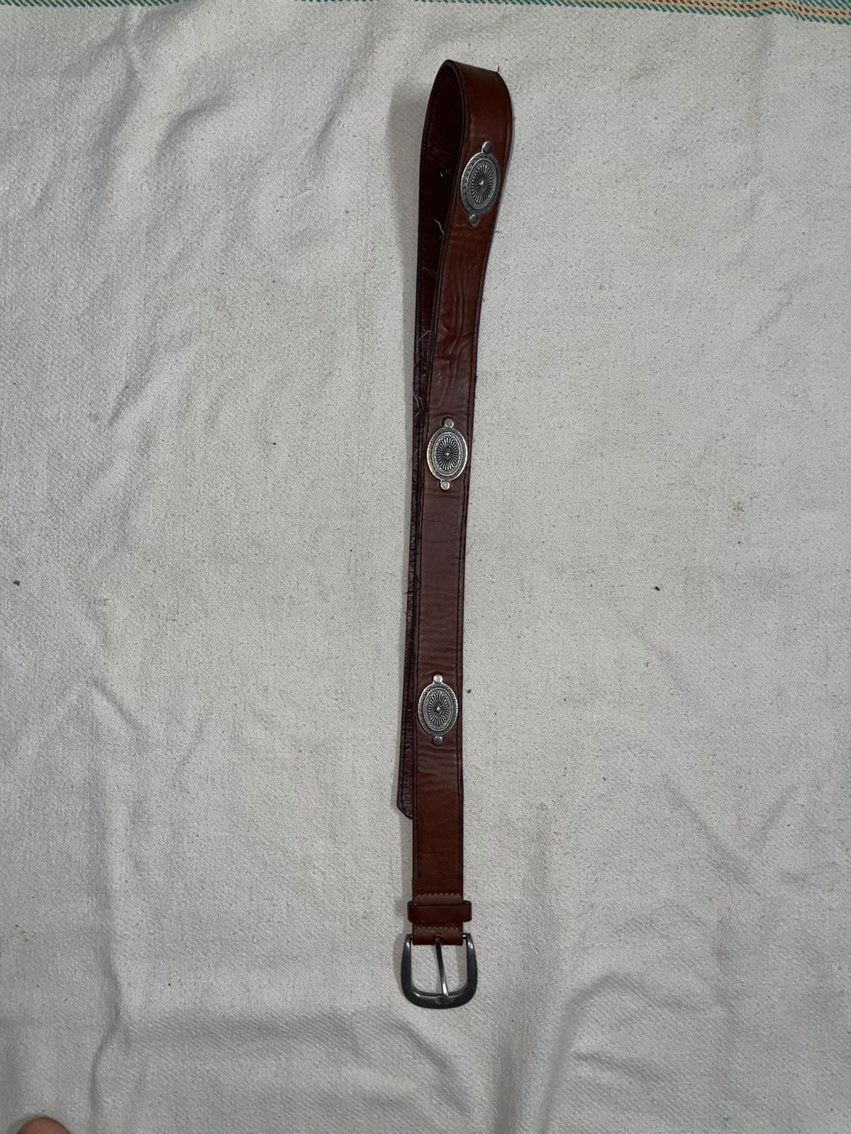 Vintage leather brown cowboy metal chromed belt