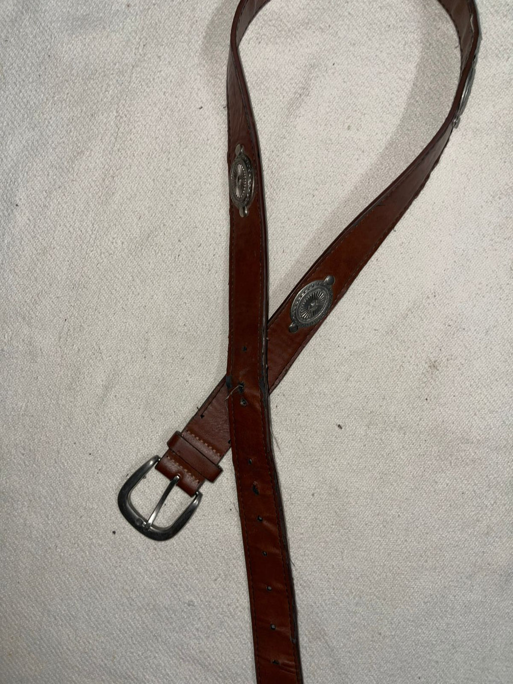 Vintage leather brown cowboy metal chromed belt