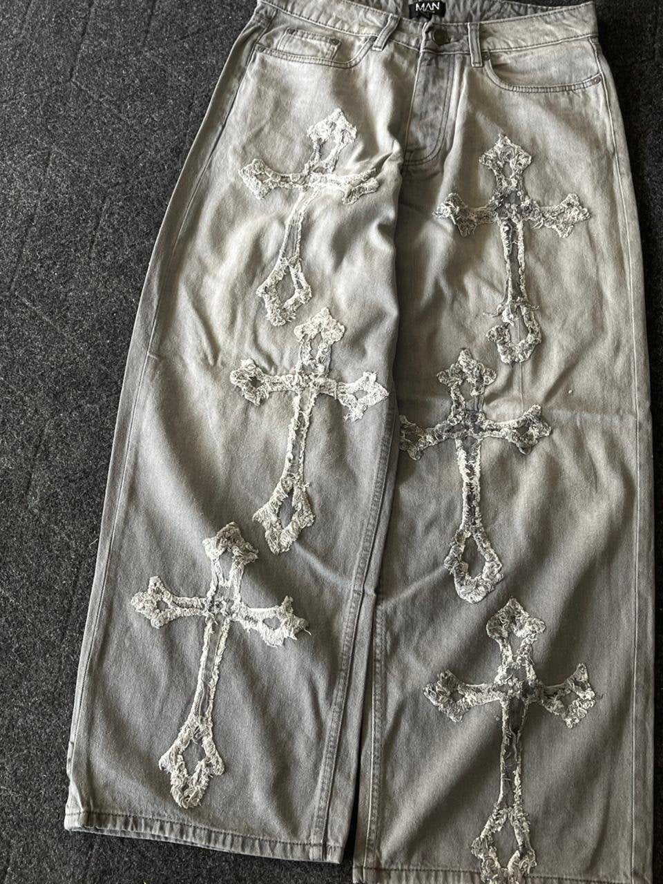BOHOO MAN Embroided  Vintage Wide Leg Baggy Denim