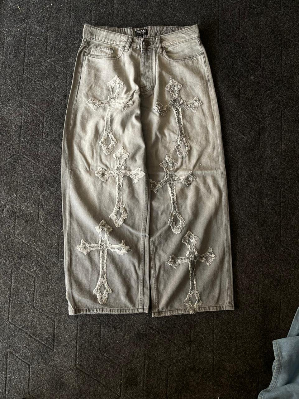 BOHOO MAN Embroided  Vintage Wide Leg Baggy Denim