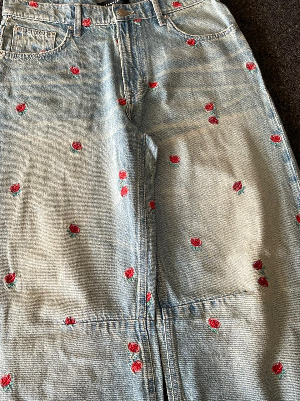 Vintage 1890'S Rose Embroided Baggy Jeans